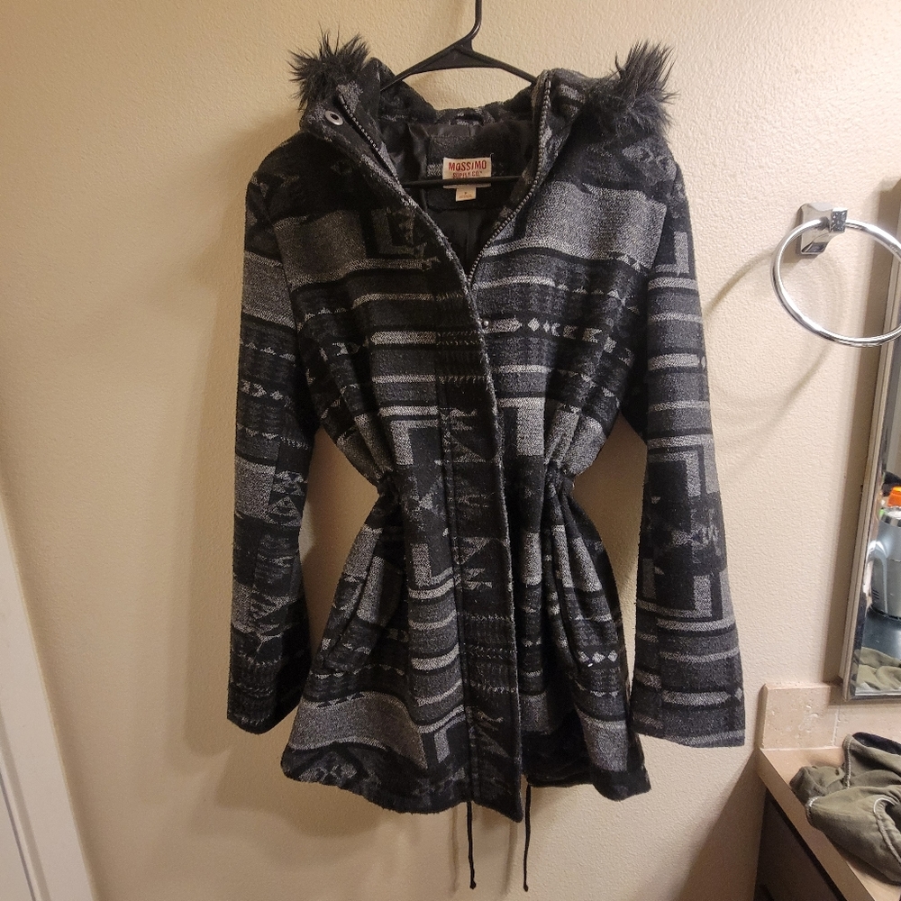 Black Aztec print winter coat with fur hood